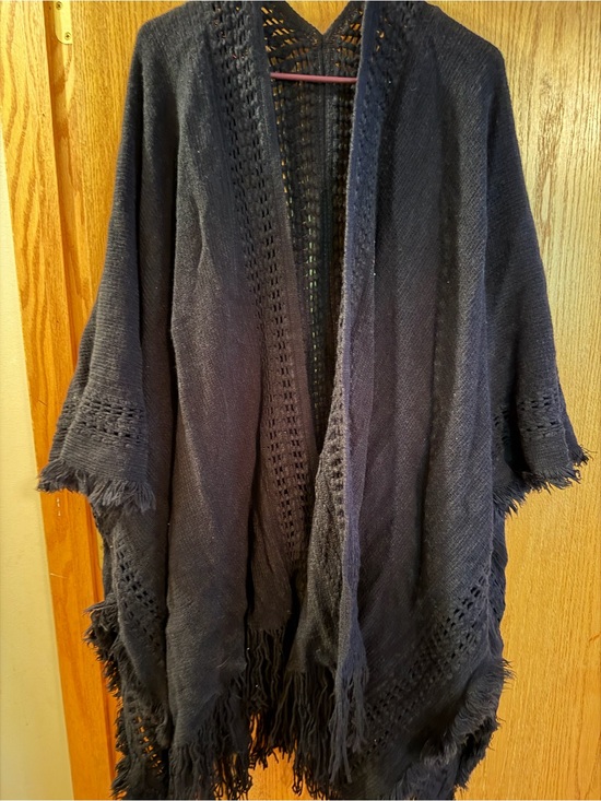 Sweaters - Black fringe Open-Front Women's Sweater Shawl with sleeves